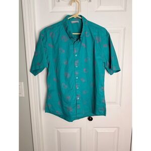 Okeechobee Mens Teal Green Pink Abstract Tribal Short Sleeve Cotton Shirt Med